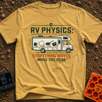 RV Laws Of Motion - T-Shirt in Mustard - A graphic of a Class C RV in motion with speed lines behind it. The side of the...
