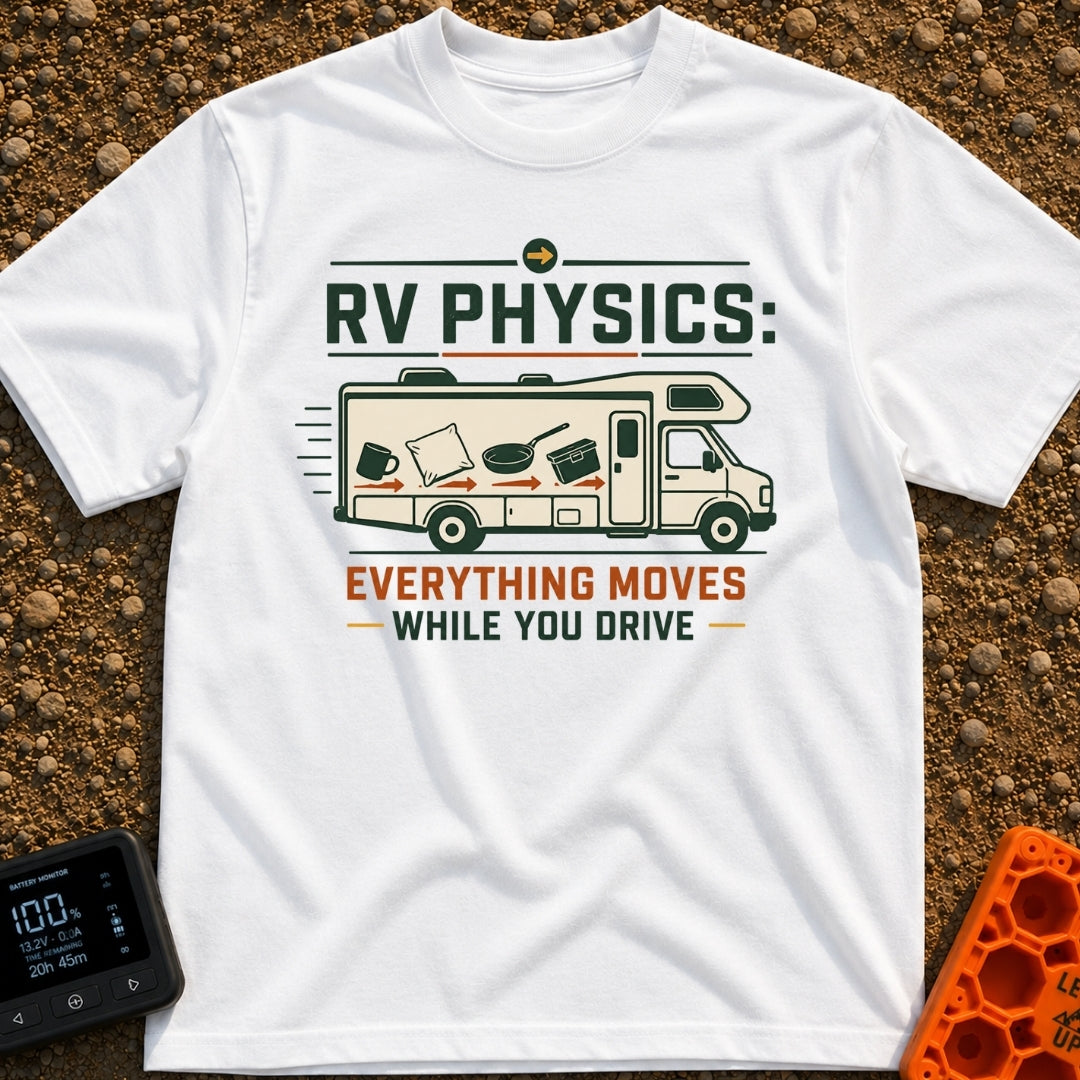 RV Laws Of Motion - T-Shirt in White - A graphic of a Class C RV in motion with speed lines behind it. The side of the RV...