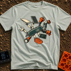 Swiss Army On Wheels - T-Shirt in Bay - A graphic of a Swiss Army-style pocket knife unfolding to reveal various RV and...