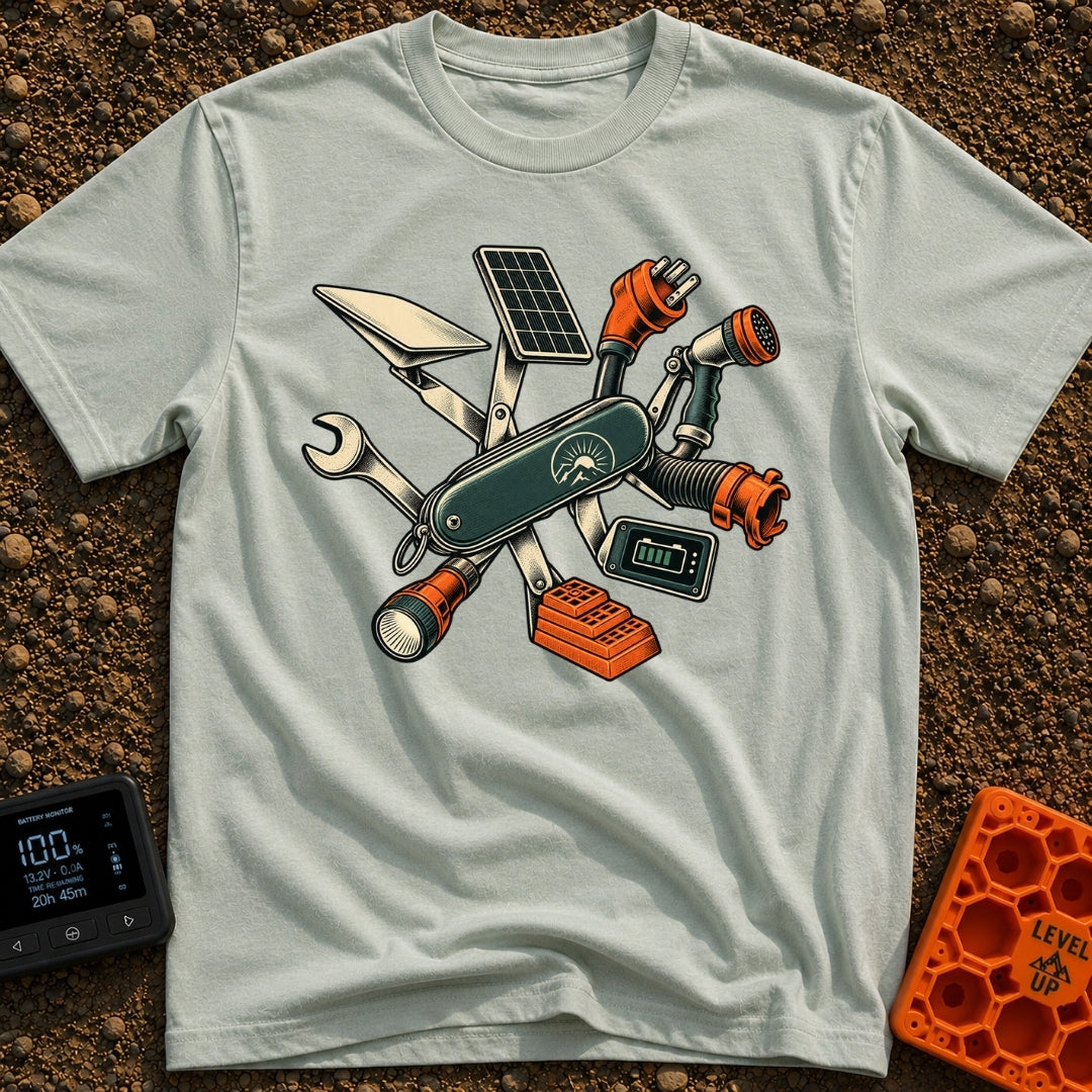 Swiss Army On Wheels - T-Shirt in Bay - A graphic of a Swiss Army-style pocket knife unfolding to reveal various RV and...