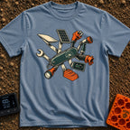 Swiss Army On Wheels - T-Shirt in Blue Jean - A graphic of a Swiss Army-style pocket knife unfolding to reveal various RV...