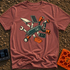 Swiss Army On Wheels - T-Shirt in Brick - A graphic of a Swiss Army-style pocket knife unfolding to reveal various RV and...