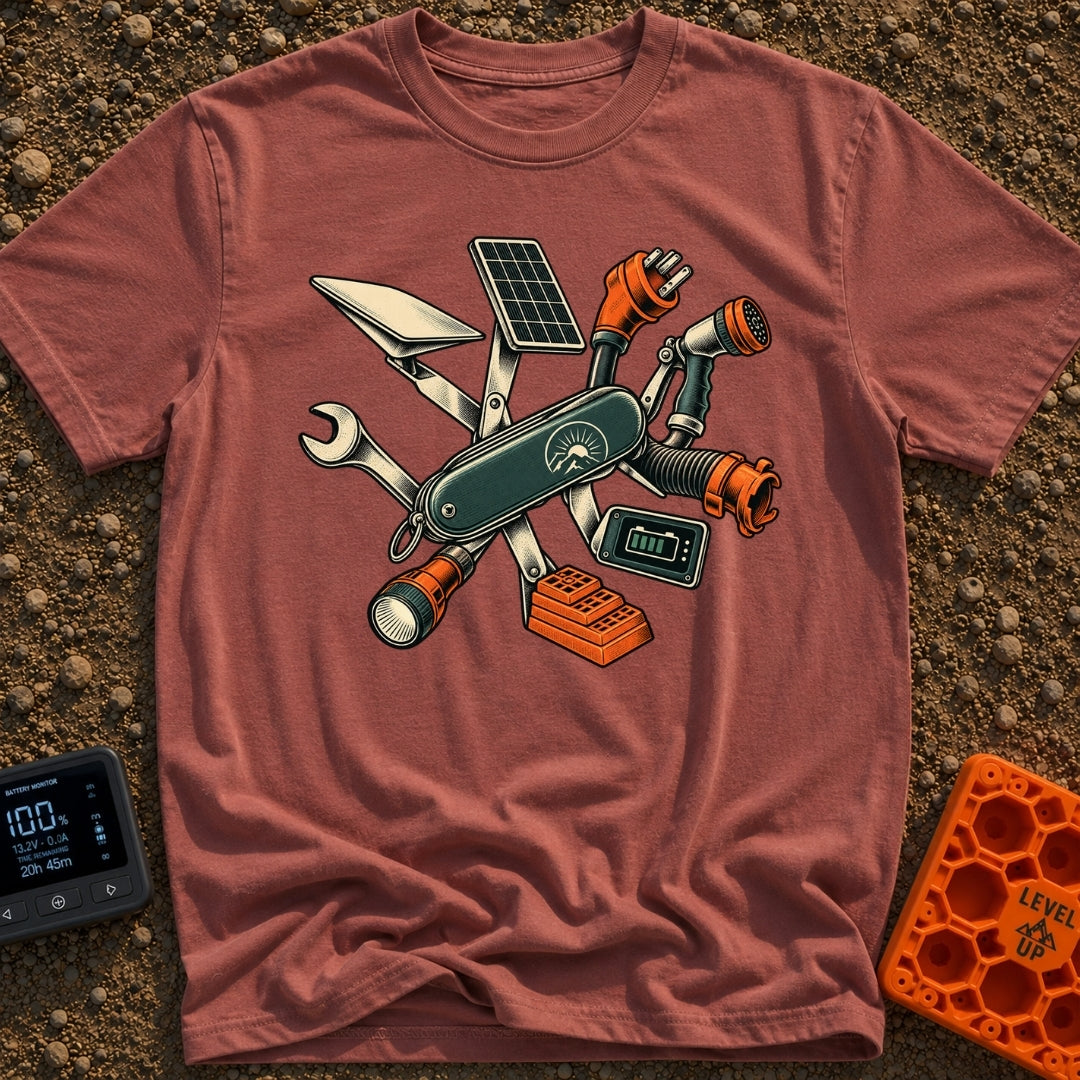 Swiss Army On Wheels - T-Shirt in Brick - A graphic of a Swiss Army-style pocket knife unfolding to reveal various RV and...