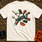 Swiss Army On Wheels - T-Shirt in Ivory - A graphic of a Swiss Army-style pocket knife unfolding to reveal various RV and...