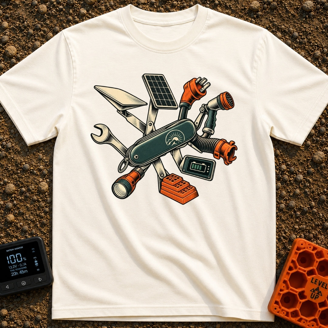 Swiss Army On Wheels - T-Shirt in Ivory - A graphic of a Swiss Army-style pocket knife unfolding to reveal various RV and...