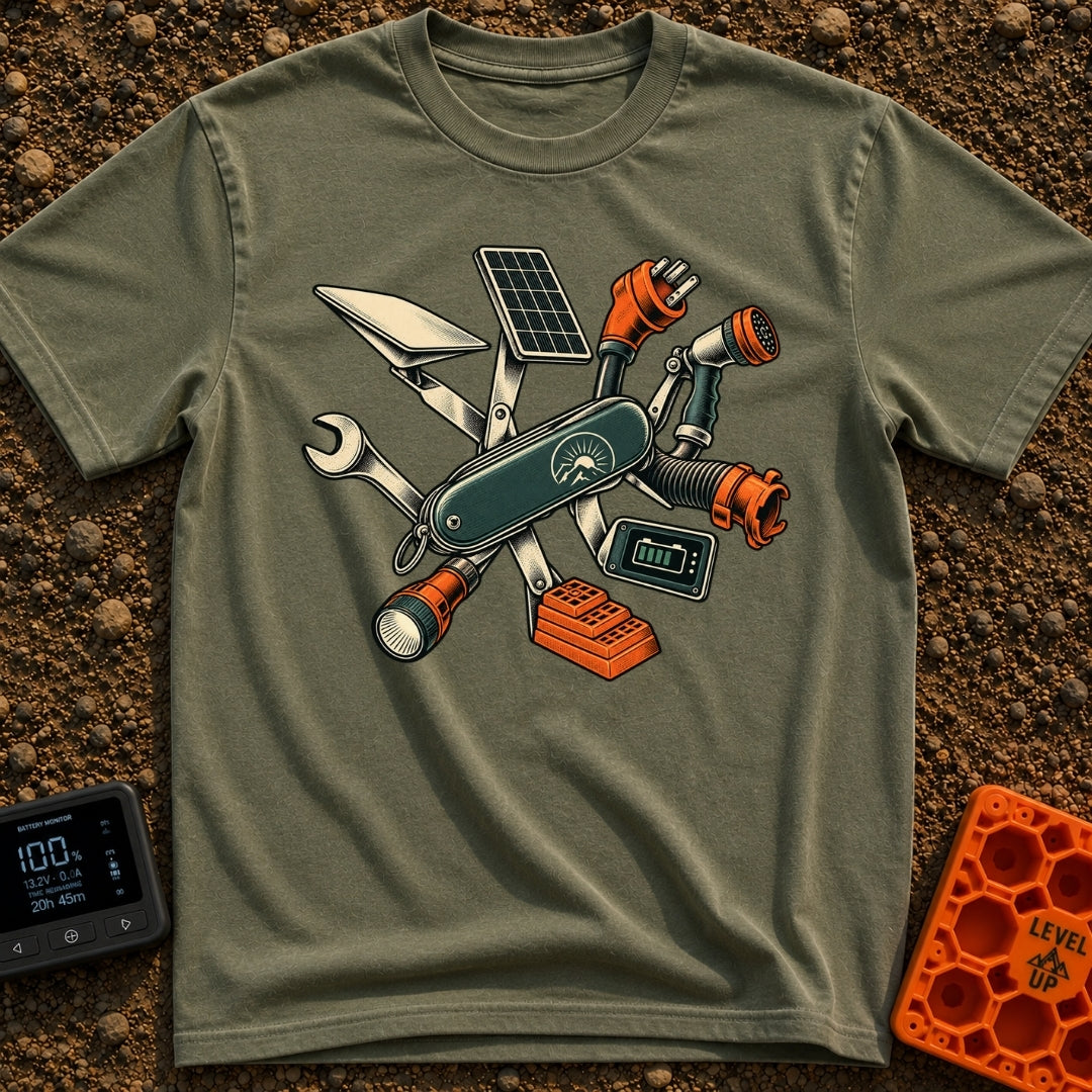 Swiss Army On Wheels - T-Shirt in Moss - A graphic of a Swiss Army-style pocket knife unfolding to reveal various RV and...