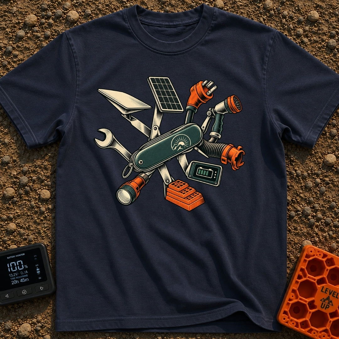 Swiss Army On Wheels - T-Shirt in Navy - A graphic of a Swiss Army-style pocket knife unfolding to reveal various RV and...