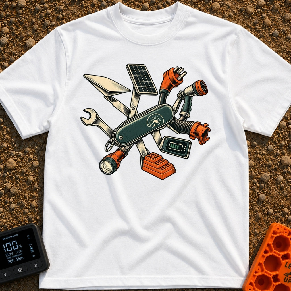 Swiss Army On Wheels - T-Shirt in White - A graphic of a Swiss Army-style pocket knife unfolding to reveal various RV and...