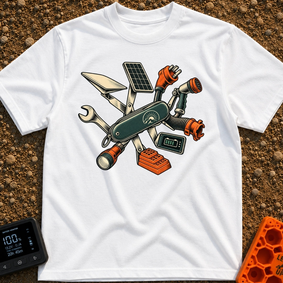 Swiss Army On Wheels - T-Shirt in White - A graphic of a Swiss Army-style pocket knife unfolding to reveal various RV and...