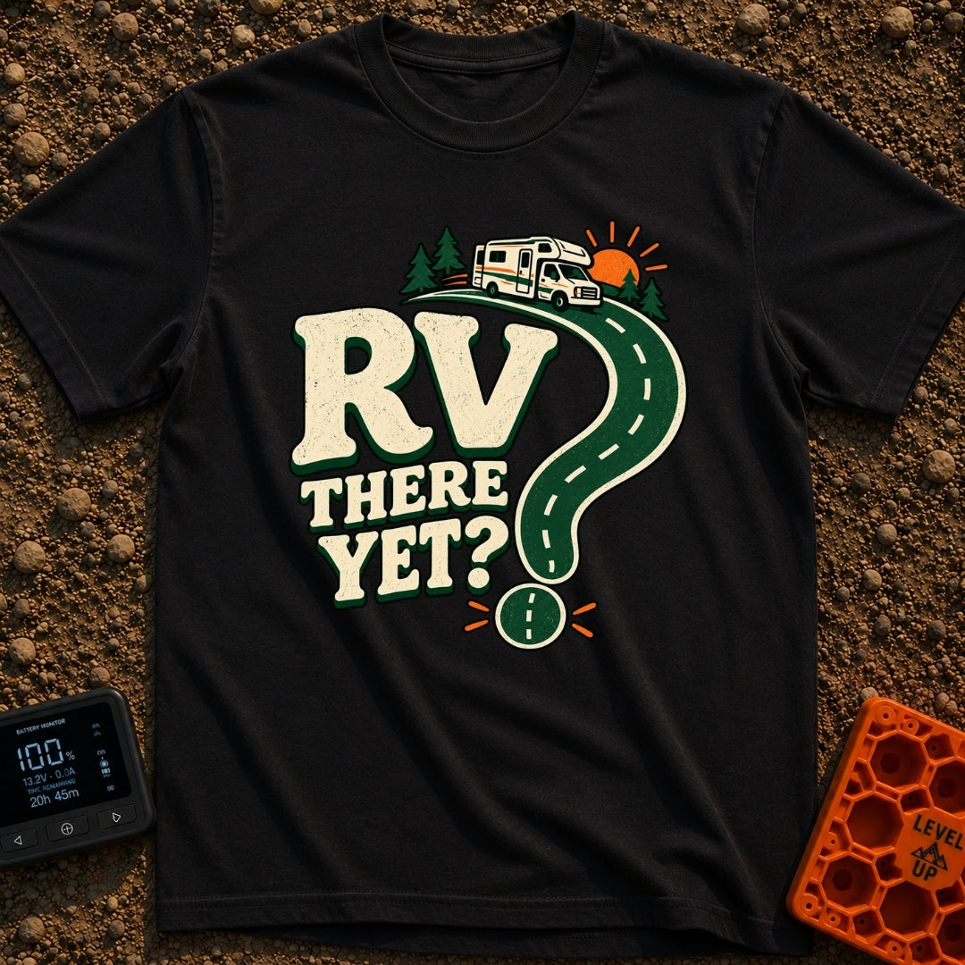 Are We RV Yet - T-Shirt in Black - A graphic featuring the text "RV THERE YET?" where the curve and dot of a large...