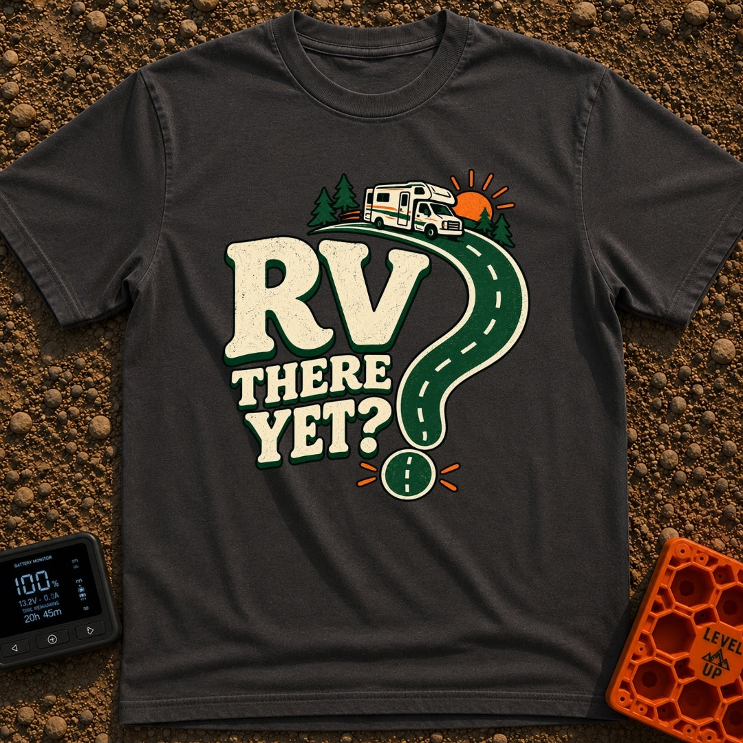 Are We RV Yet - T-Shirt in Graphite - A graphic featuring the text "RV THERE YET?" where the curve and dot of a large...