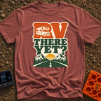 RV Having Fun Yet - T-Shirt in Brick - A retro-style graphic featuring the text "RV THERE YET?" with a white Class C...
