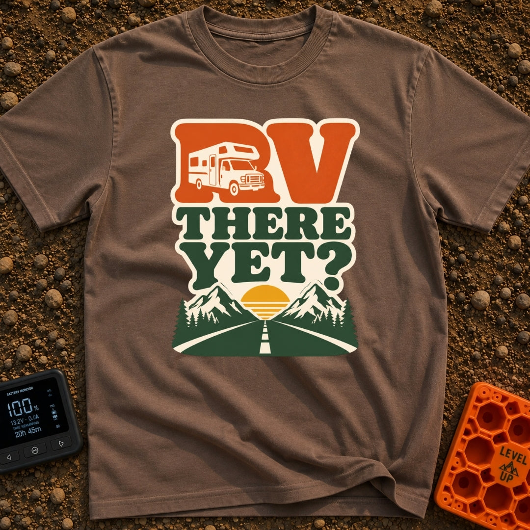 RV Having Fun Yet - T-Shirt in Espresso - A retro-style graphic featuring the text "RV THERE YET?" with a white Class C...
