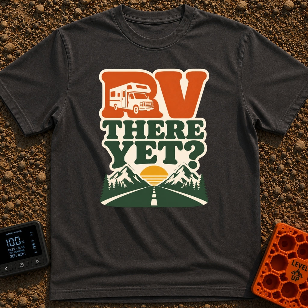 RV Having Fun Yet - T-Shirt in Graphite - A retro-style graphic featuring the text "RV THERE YET?" with a white Class C...