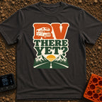 RV Having Fun Yet - T-Shirt in Graphite - A retro-style graphic featuring the text "RV THERE YET?" with a white Class C...
