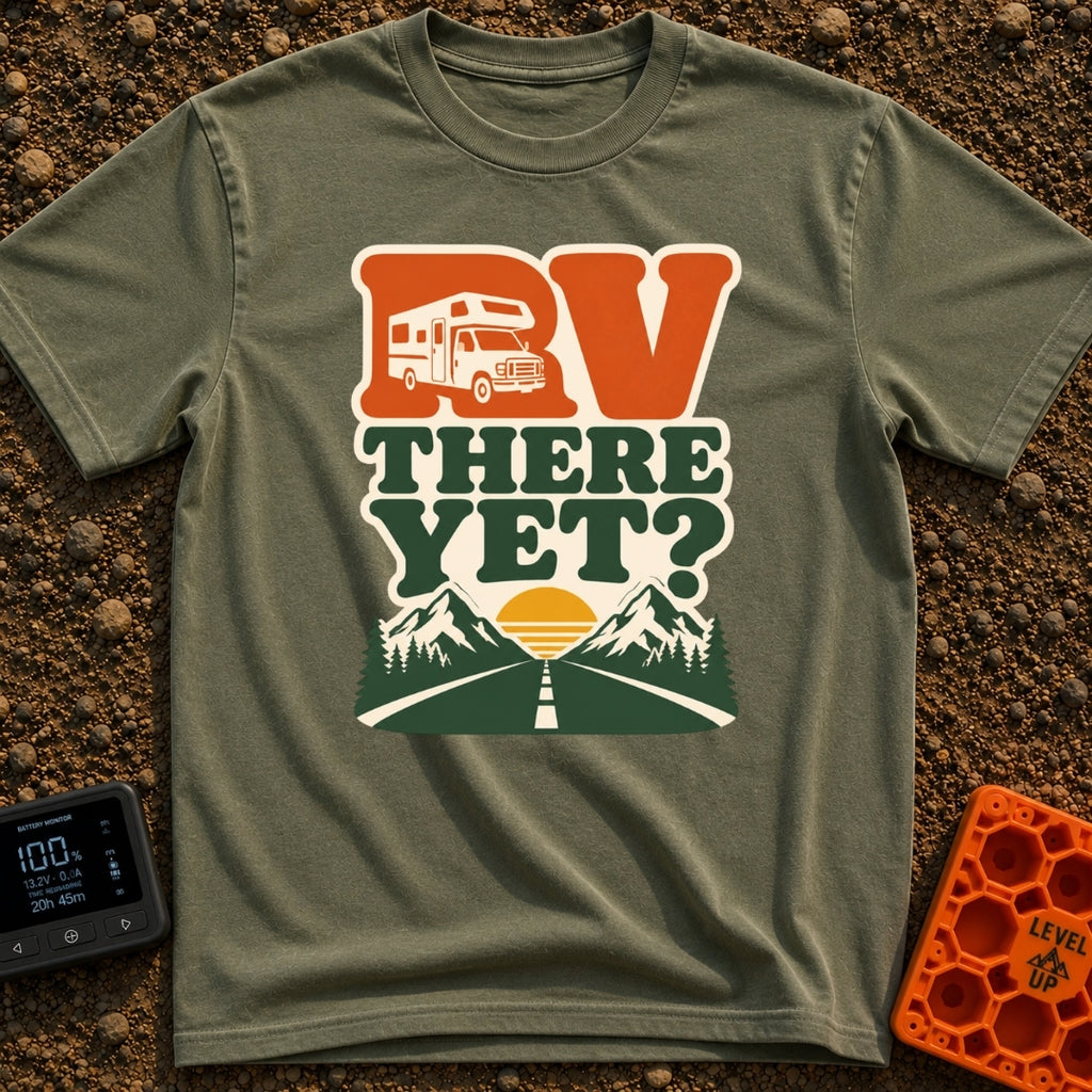 RV Having Fun Yet - T-Shirt in Moss - A retro-style graphic featuring the text "RV THERE YET?" with a white Class C...