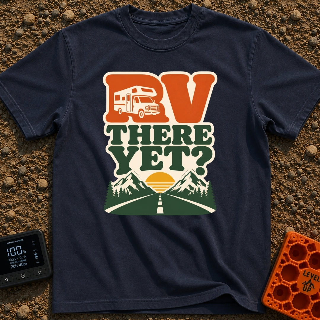 RV Having Fun Yet - T-Shirt in Navy - A retro-style graphic featuring the text "RV THERE YET?" with a white Class C...