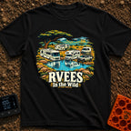 RVees In the Wild - T-Shirt in Black - An illustration of a Class A motorhome, a Class C motorhome, a travel trailer, a...