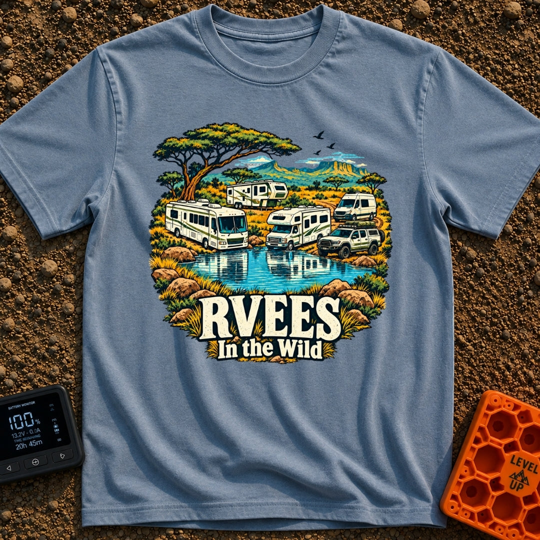 RVees In the Wild - T-Shirt in Blue Jean - An illustration of a Class A motorhome, a Class C motorhome, a travel trailer,...