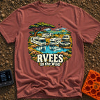 RVees In the Wild - T-Shirt in Brick - An illustration of a Class A motorhome, a Class C motorhome, a travel trailer, a...