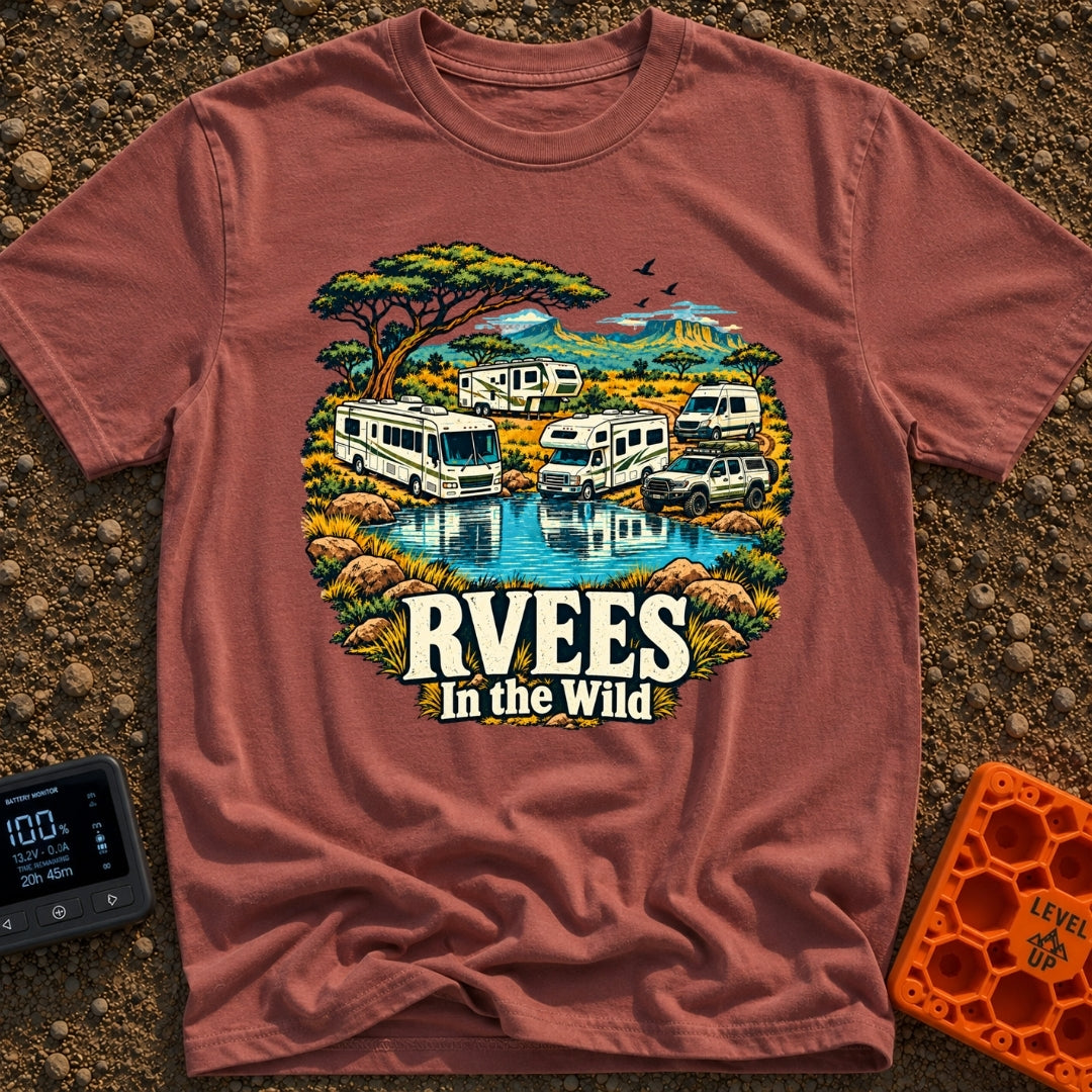 RVees In the Wild - T-Shirt in Brick - An illustration of a Class A motorhome, a Class C motorhome, a travel trailer, a...