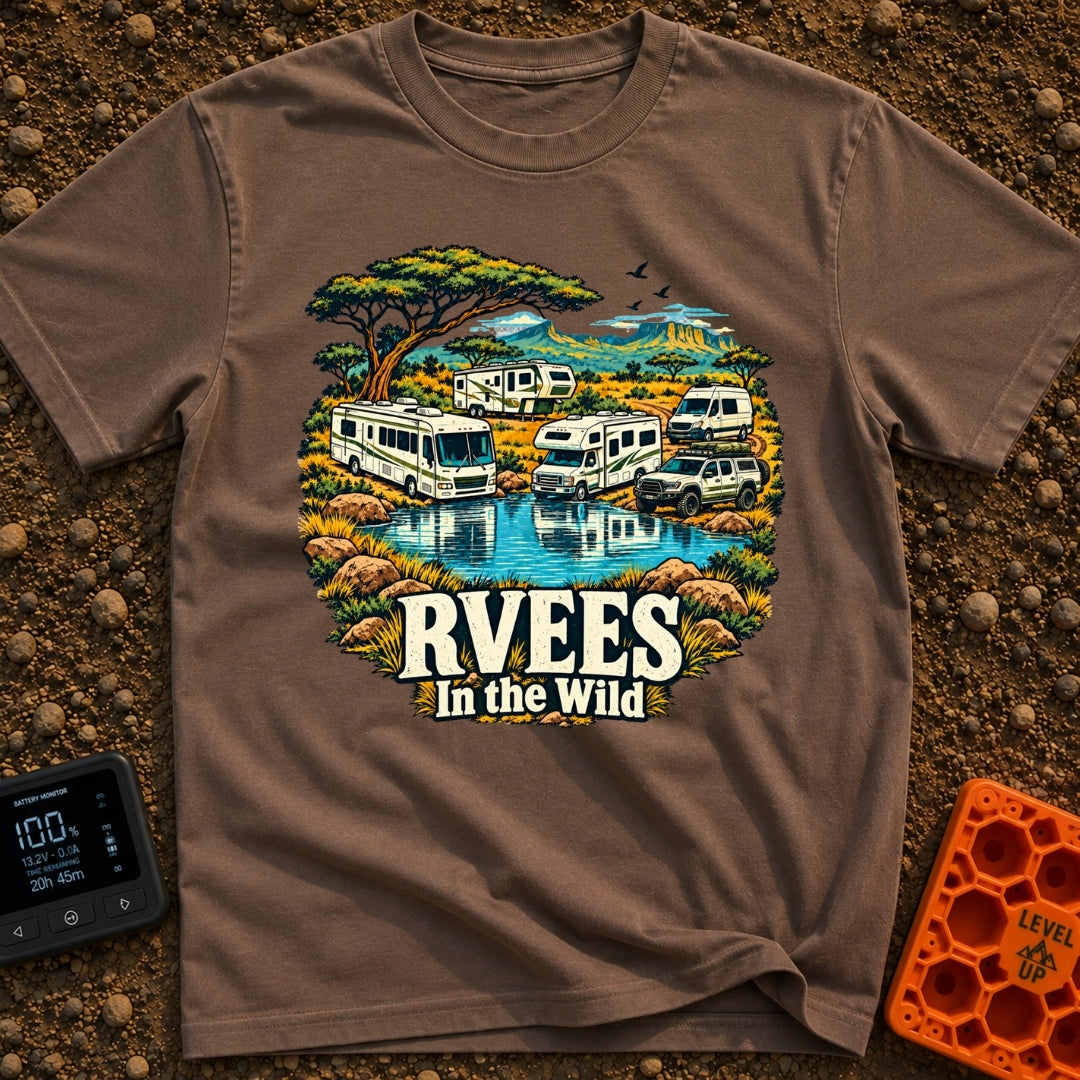 RVees In the Wild - T-Shirt in Espresso - An illustration of a Class A motorhome, a Class C motorhome, a travel trailer,...