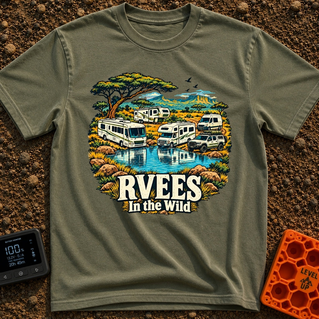 RVees In the Wild - T-Shirt in Moss - An illustration of a Class A motorhome, a Class C motorhome, a travel trailer, a...
