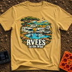 RVees In the Wild - T-Shirt in Mustard - An illustration of a Class A motorhome, a Class C motorhome, a travel trailer, a...