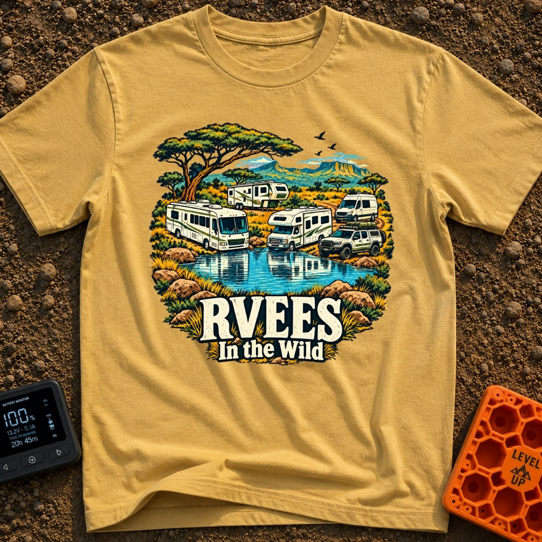 RVees In the Wild - T-Shirt in Mustard - An illustration of a Class A motorhome, a Class C motorhome, a travel trailer, a...