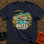 RVees In the Wild - T-Shirt in Navy - An illustration of a Class A motorhome, a Class C motorhome, a travel trailer, a...