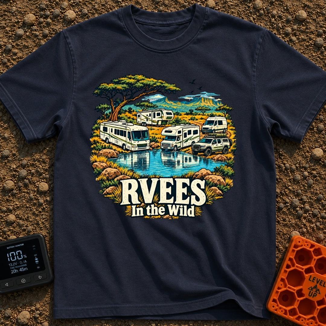 RVees In the Wild - T-Shirt in Navy - An illustration of a Class A motorhome, a Class C motorhome, a travel trailer, a...