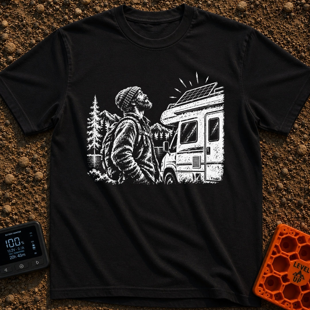 Love At First Watt - T-Shirt in Black - A white line illustration of a bearded man wearing a beanie looking up admiringly...