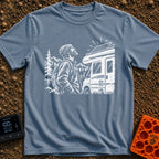 Love At First Watt - T-Shirt in Blue Jean - A white line illustration of a bearded man wearing a beanie looking up...