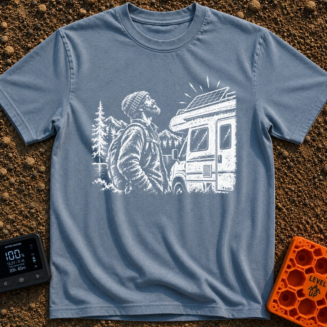 Love At First Watt - T-Shirt in Blue Jean - A white line illustration of a bearded man wearing a beanie looking up...