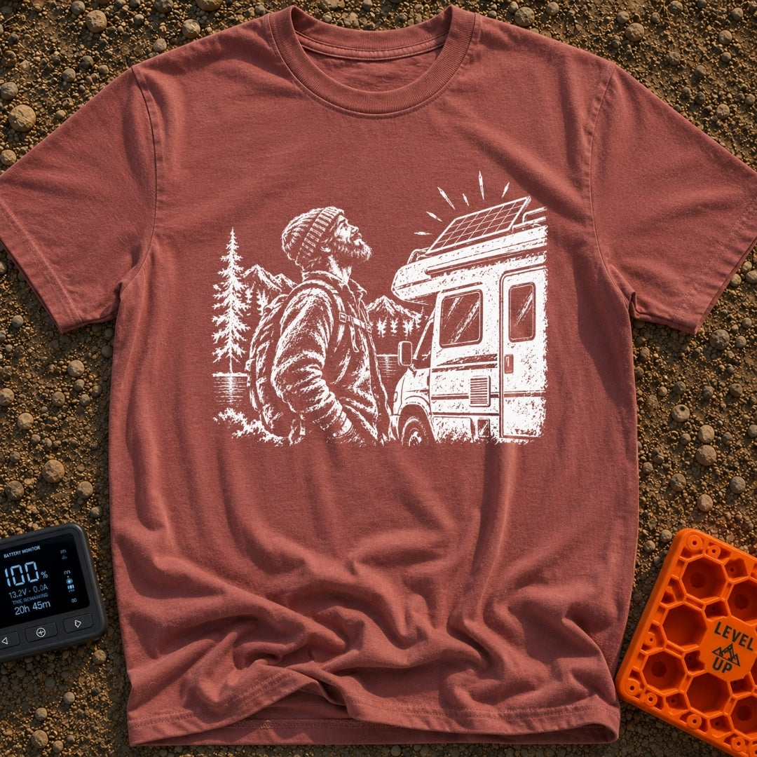 Love At First Watt - T-Shirt in Brick - A white line illustration of a bearded man wearing a beanie looking up admiringly...