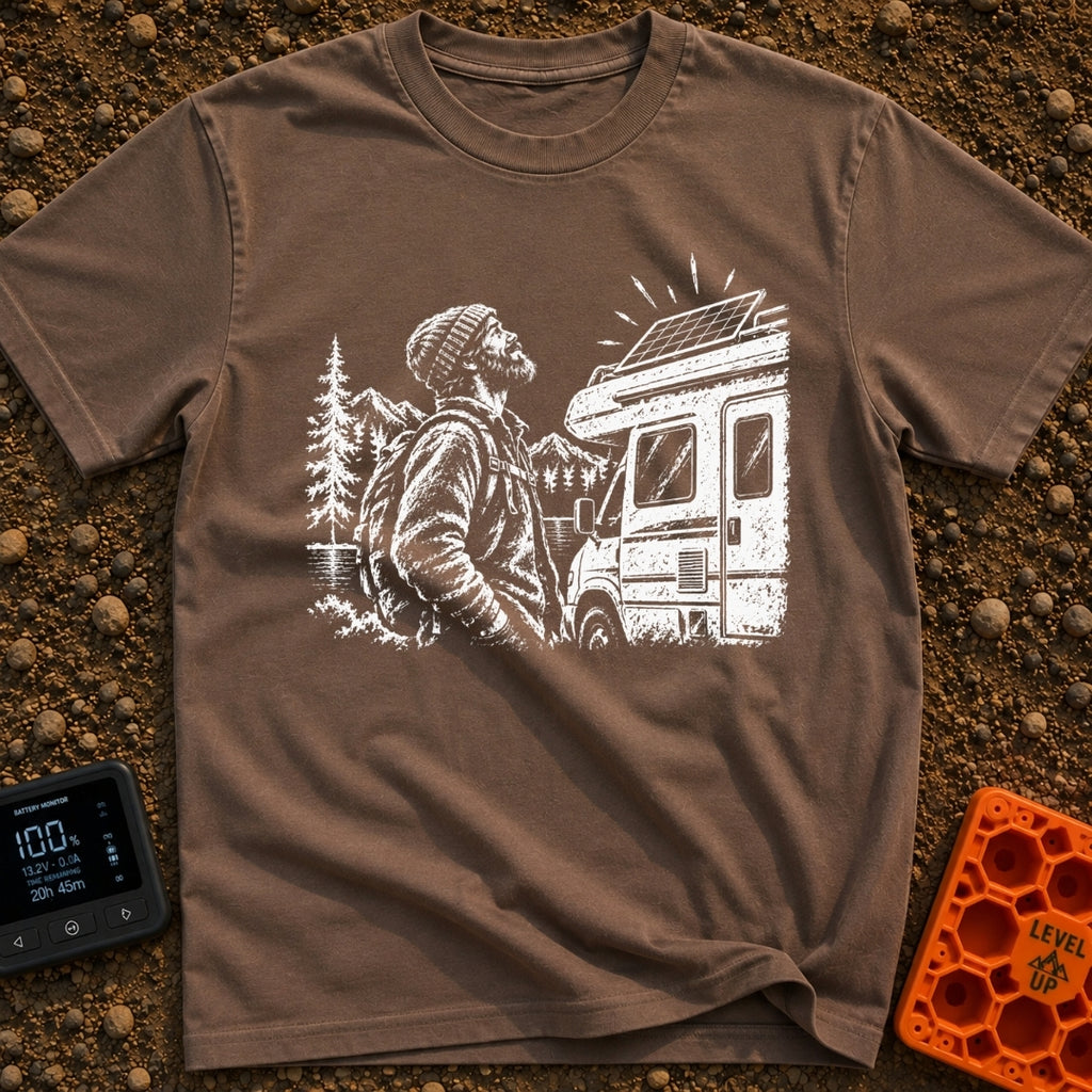 Love At First Watt - T-Shirt in Espresso - A white line illustration of a bearded man wearing a beanie looking up...