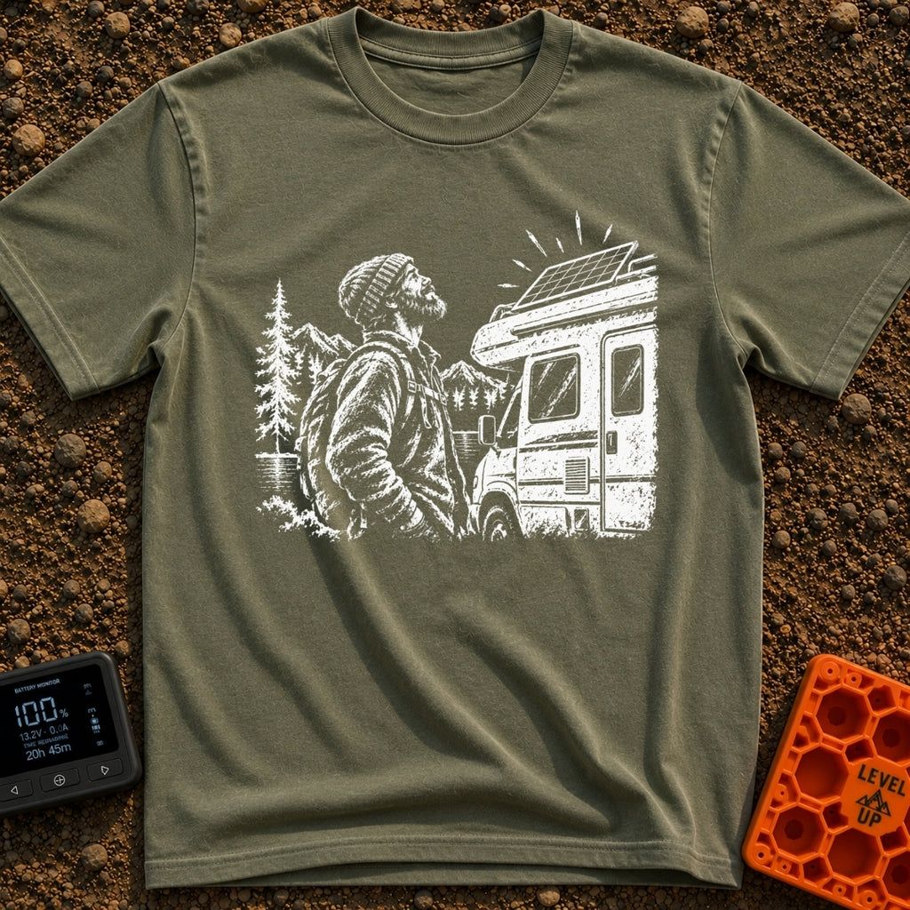 Love At First Watt - T-Shirt in Moss - A white line illustration of a bearded man wearing a beanie looking up admiringly...