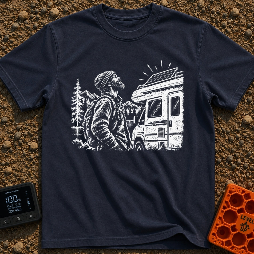 Love At First Watt - T-Shirt in Navy - A white line illustration of a bearded man wearing a beanie looking up admiringly...