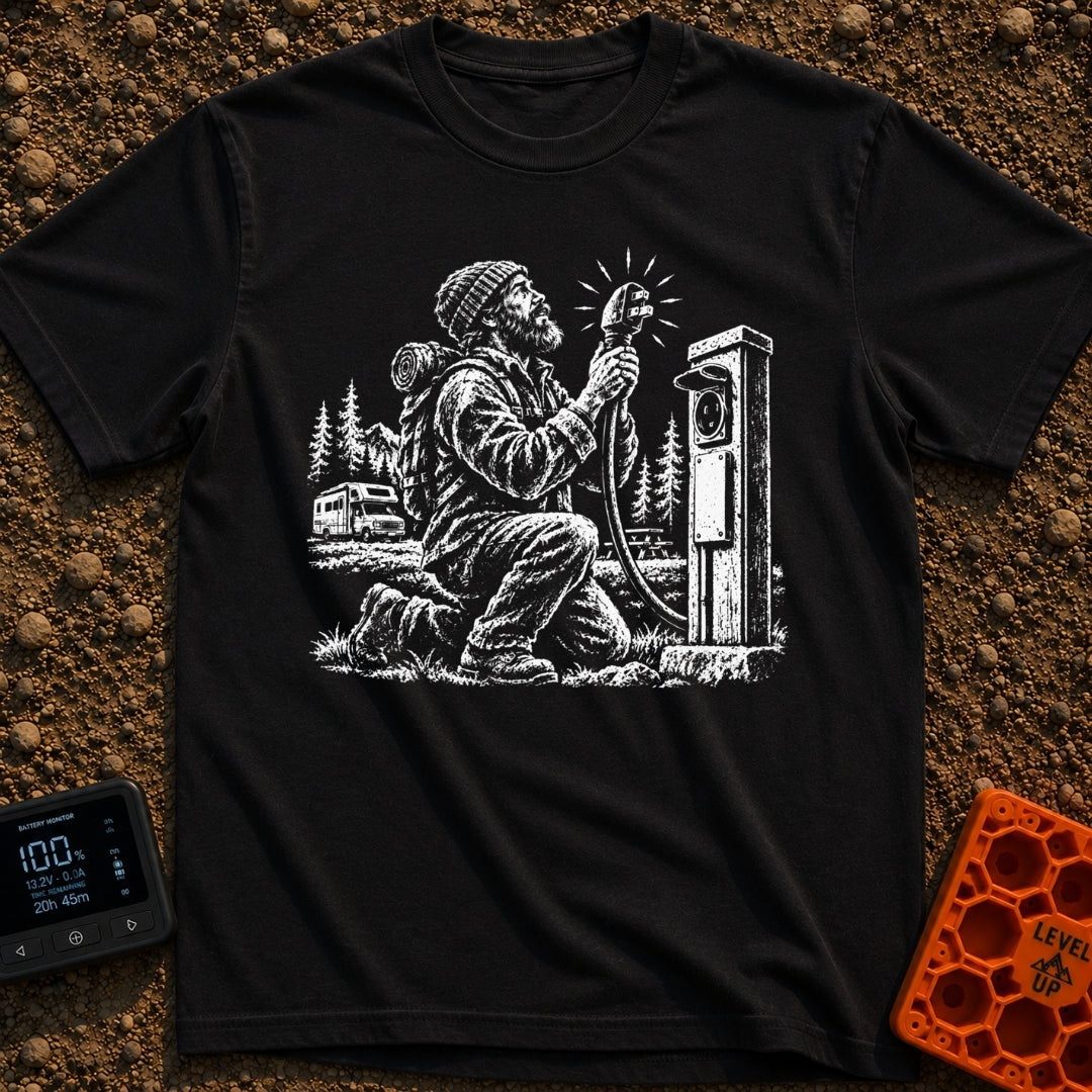 Clinging To Power - T-Shirt in Black - A black and white illustration of a kneeling bearded man reverently holding up a...