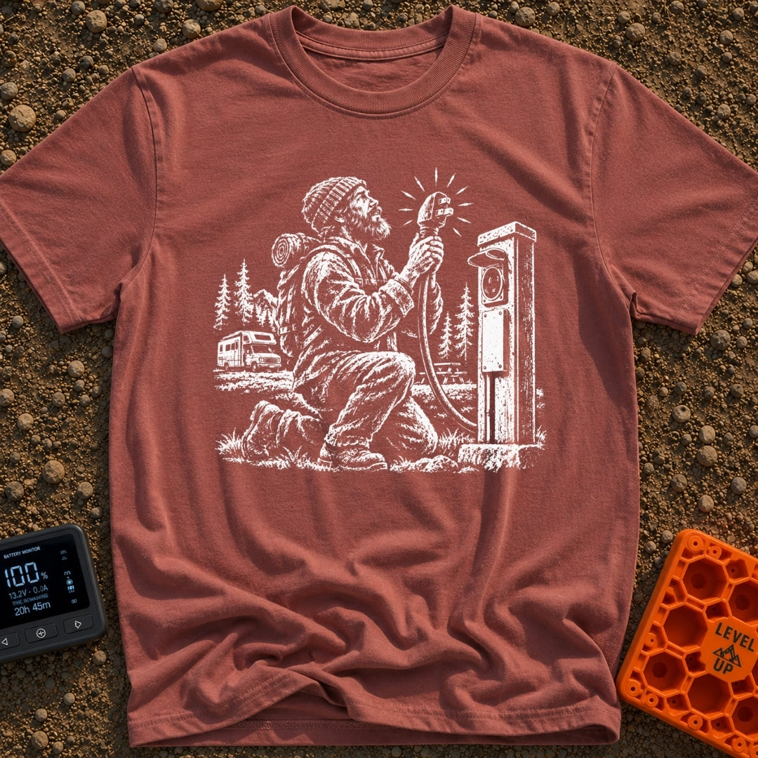 Clinging To Power - T-Shirt in Brick - A black and white illustration of a kneeling bearded man reverently holding up a...
