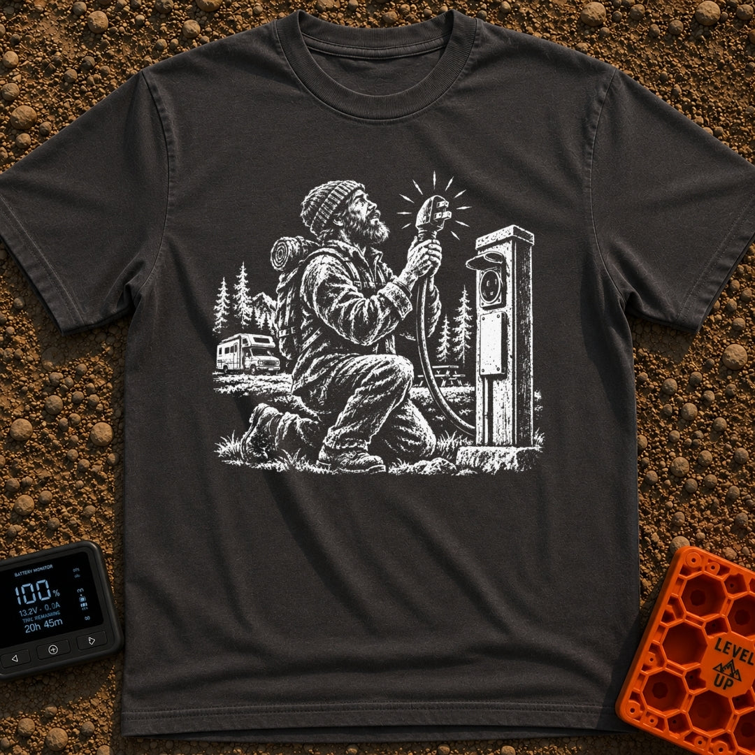 Clinging To Power - T-Shirt in Graphite - A black and white illustration of a kneeling bearded man reverently holding up...