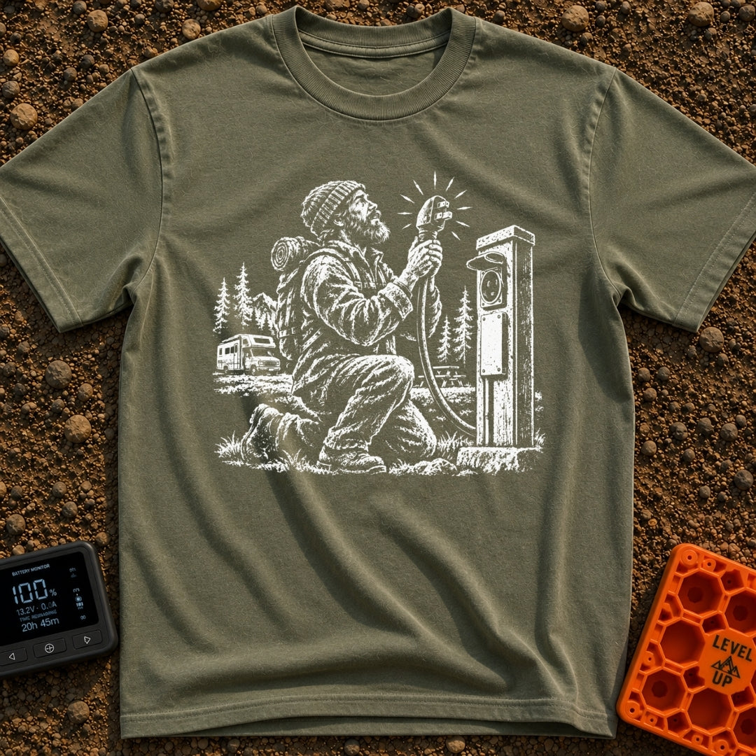 Clinging To Power - T-Shirt in Moss - A black and white illustration of a kneeling bearded man reverently holding up a...