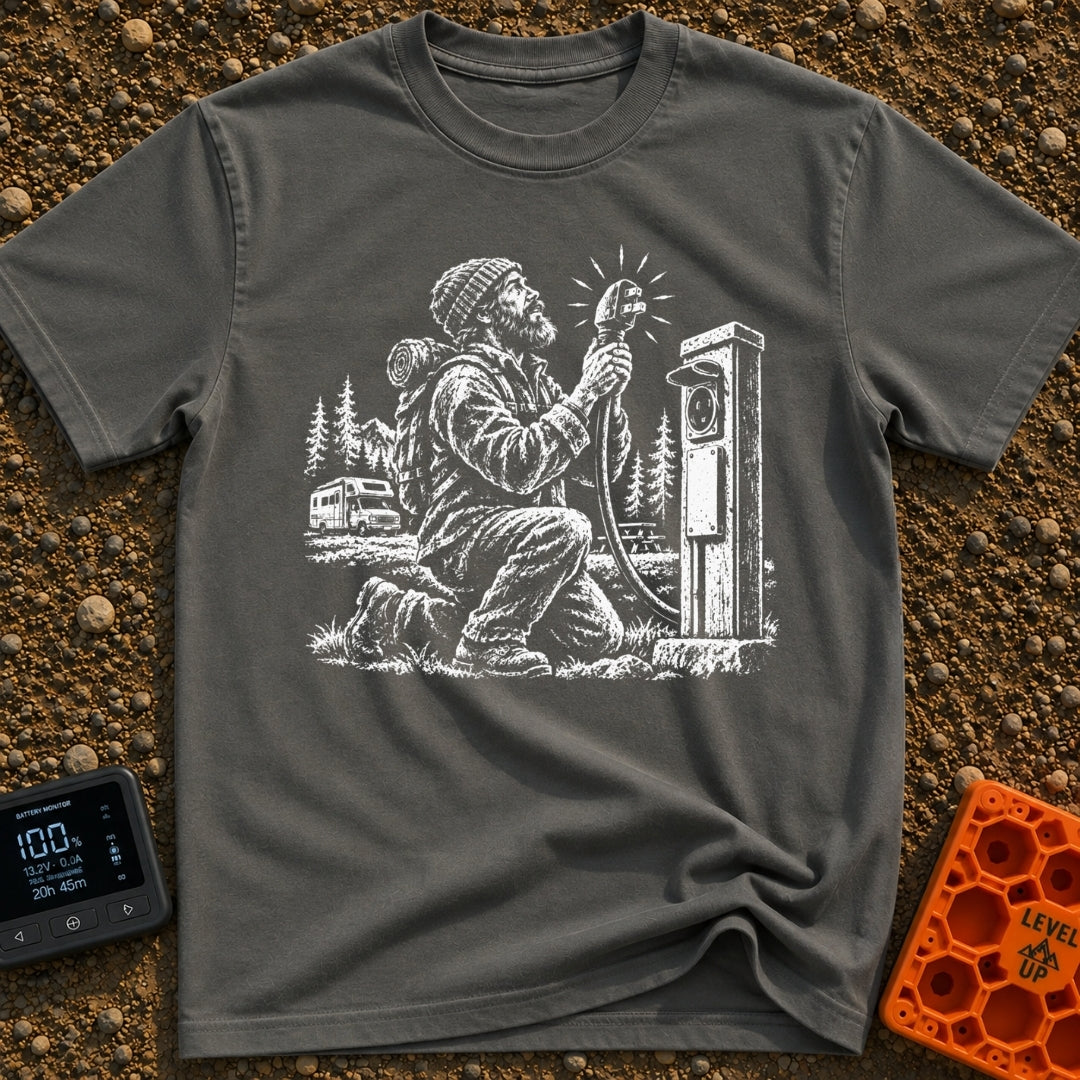 Clinging To Power - T-Shirt in Pepper - A black and white illustration of a kneeling bearded man reverently holding up a...