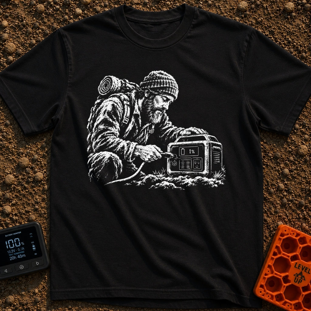 Hungry For Power - T-Shirt in Black - A black-and-white illustration of a rugged, bearded man wearing a beanie and a...