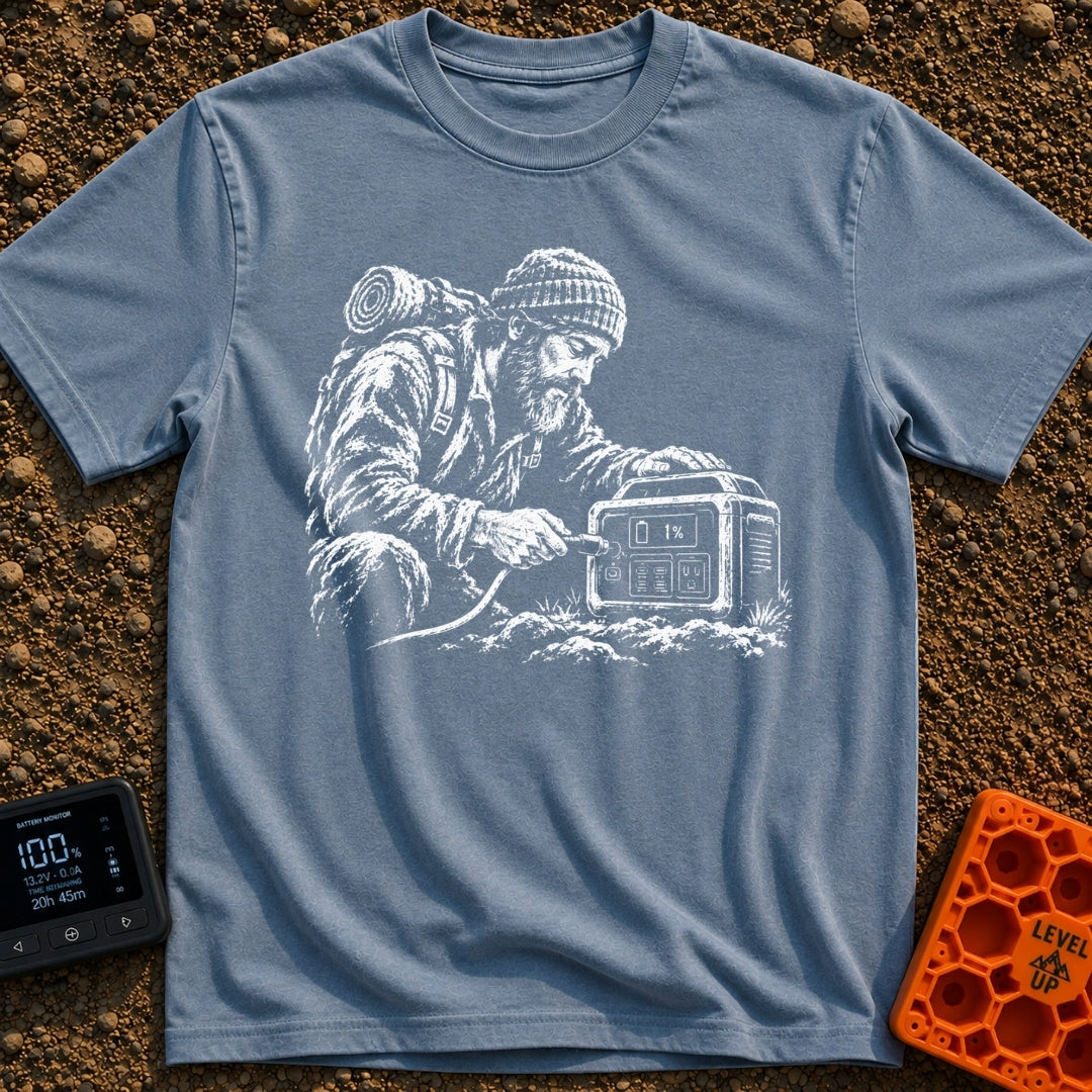 Hungry For Power - T-Shirt in Blue Jean - A black-and-white illustration of a rugged, bearded man wearing a beanie and a...