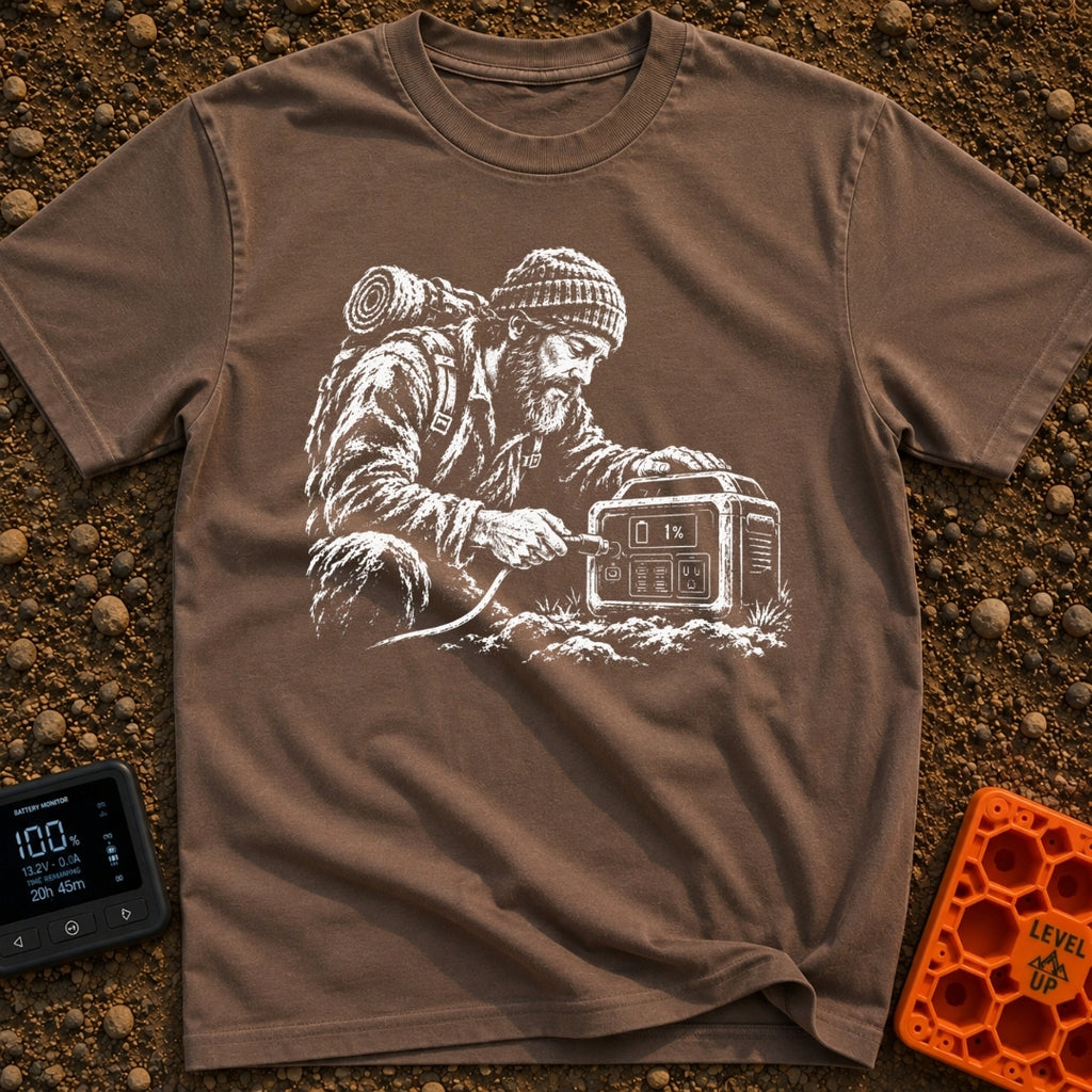 Hungry For Power - T-Shirt in Espresso - A black-and-white illustration of a rugged, bearded man wearing a beanie and a...
