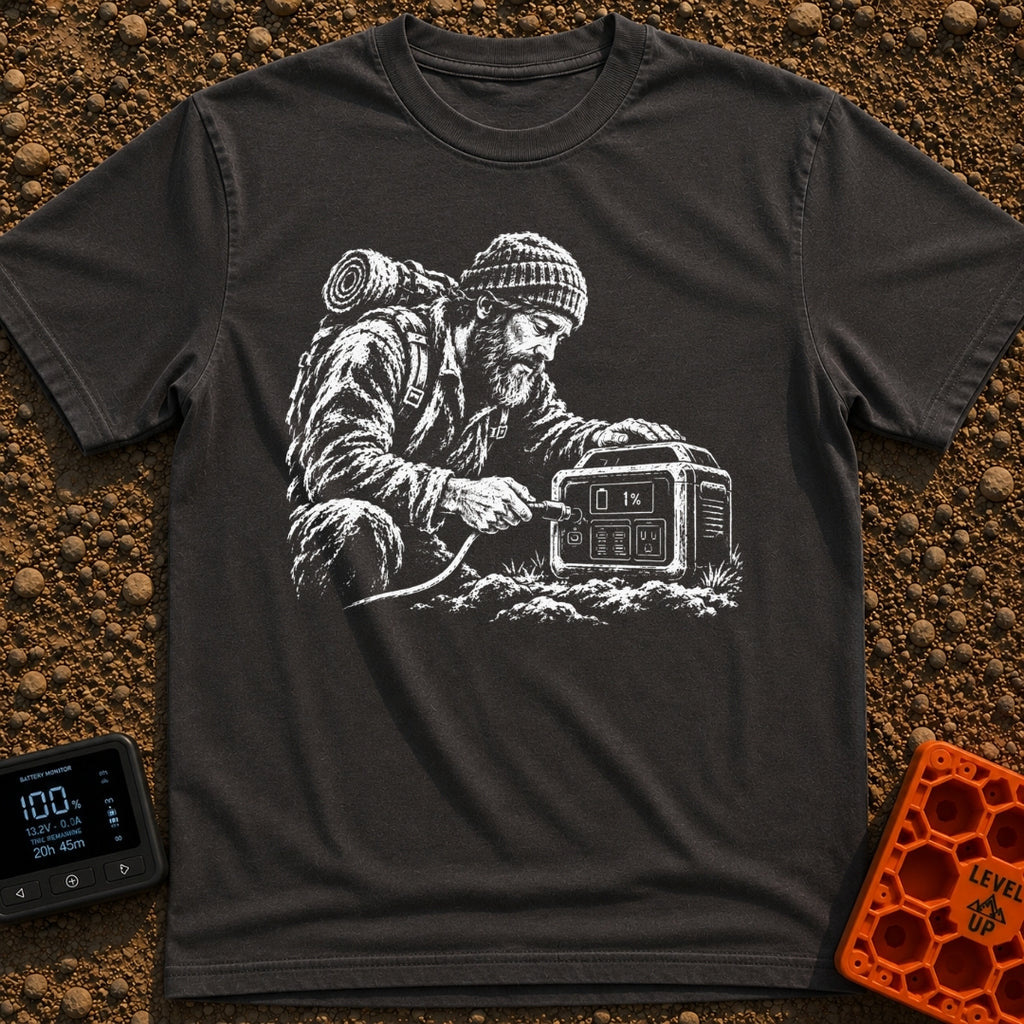Hungry For Power - T-Shirt in Graphite - A black-and-white illustration of a rugged, bearded man wearing a beanie and a...
