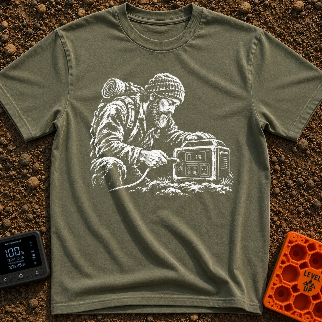 Hungry For Power - T-Shirt in Moss - A black-and-white illustration of a rugged, bearded man wearing a beanie and a heavy...