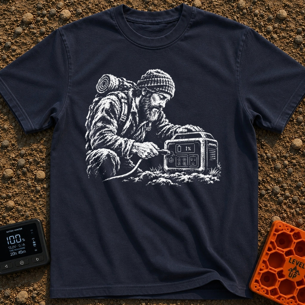 Hungry For Power - T-Shirt in Navy - A black-and-white illustration of a rugged, bearded man wearing a beanie and a heavy...