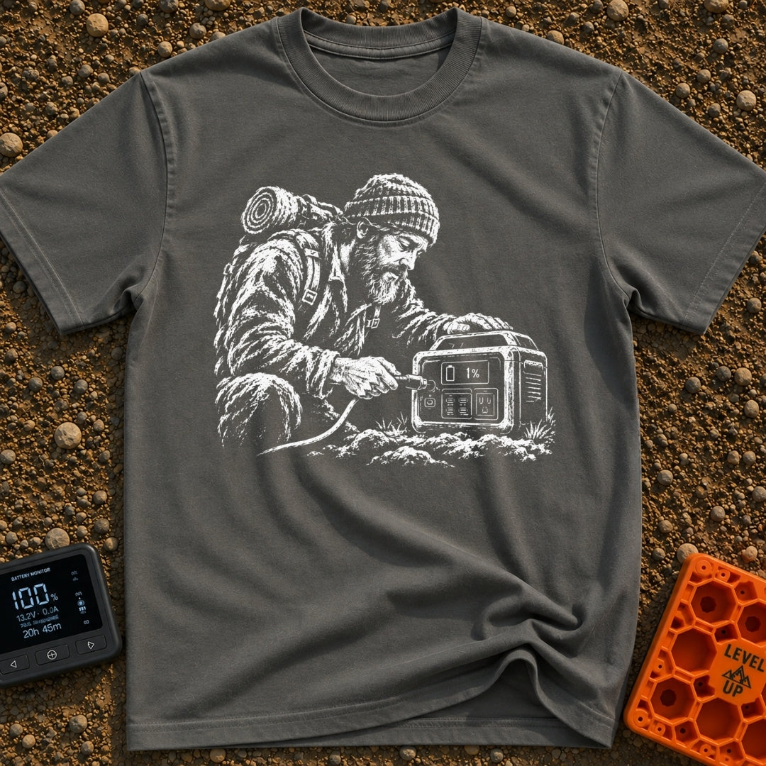 Hungry For Power - T-Shirt in Pepper - A black-and-white illustration of a rugged, bearded man wearing a beanie and a...